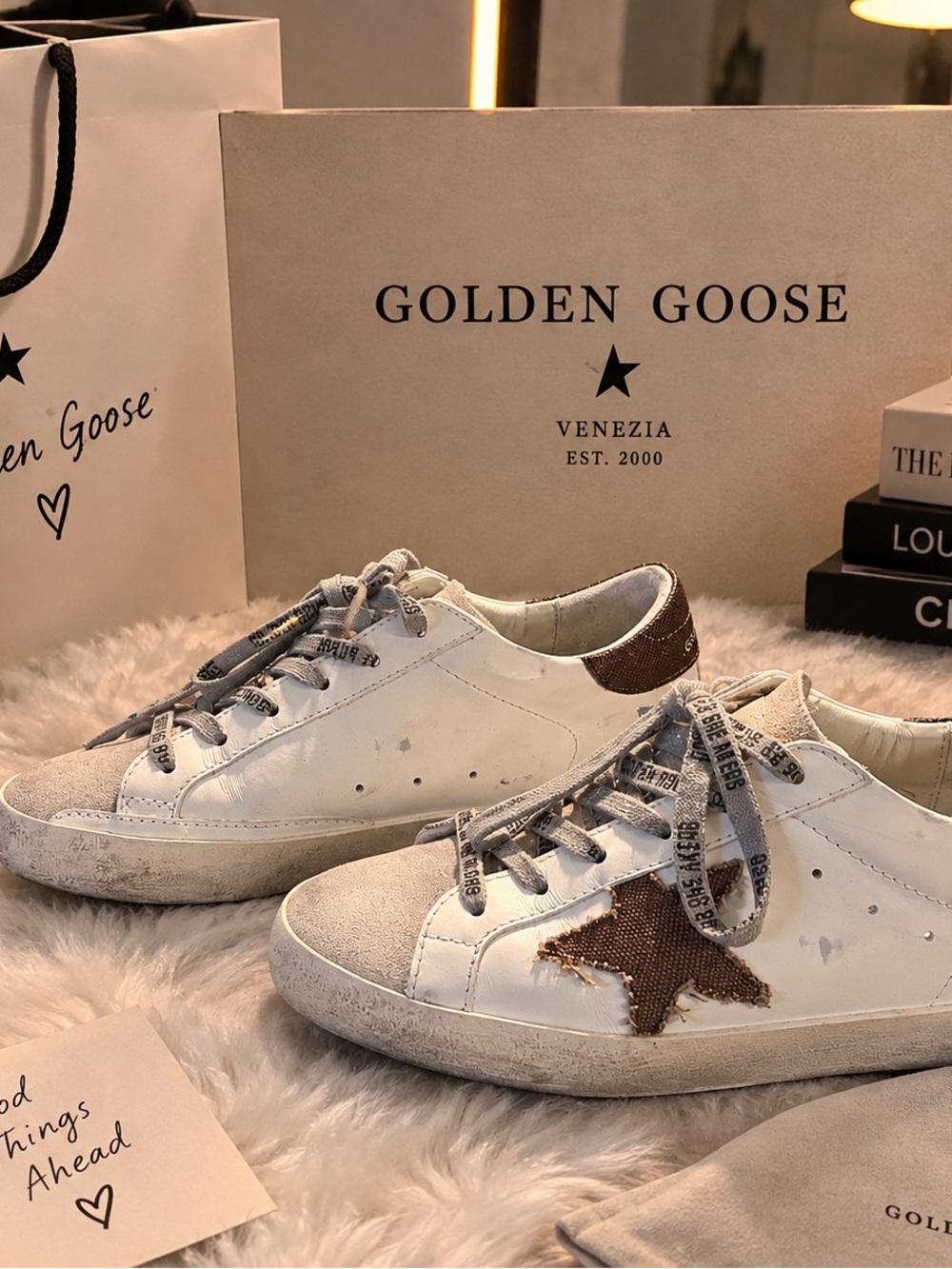 Golden Goose White Leather Sneakers with Brown Star Accent